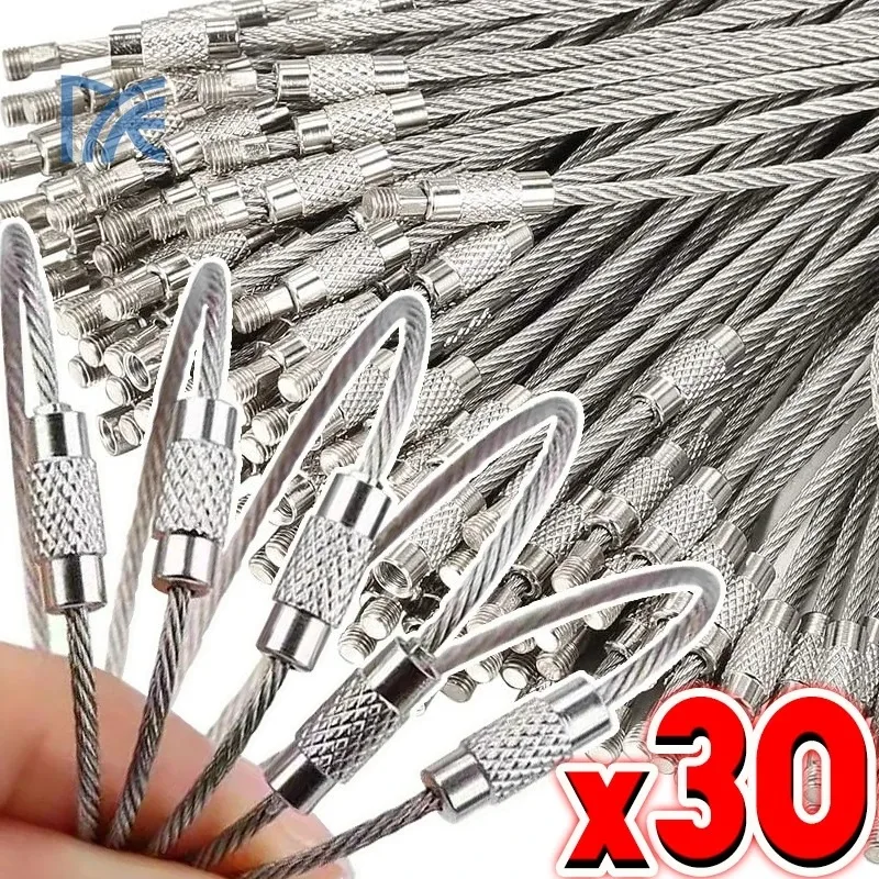 Stainless Steel Wire Keychain Tag Loop Screw Lock Metal Ropes Cable Gadget Ring Key Keyring Circle Camp Hanging Tool Hardware