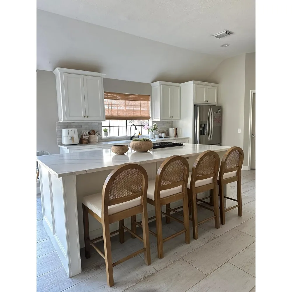 Upholstered Rattan Bar Stool, Counter Height Stool with Natural Woven Back for Kitchen Island, Light Brown/Cream Boucle Set of 2