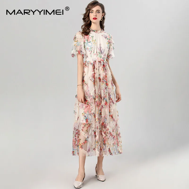 MARYYIMEI Summer Women's Dress Flare Sleeved Slim Waist Edible Tree Fungus Edge Elegant Print Bohemian Holiday Dresses