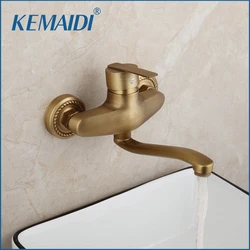 KEMAIDI Antique Brass  Bathroom Sink Faucet Hot and Cold Water Mixer Tap Wall Mounted Single Lever 360 Swivel Faucets Tap