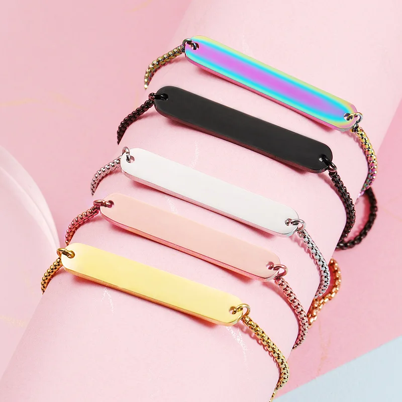 10Pcs/Lot Mirror Polished Stainless Steel  Oval Rectangle Blank Bar Bracelet Adjustable Slider Box Chain Bracelets