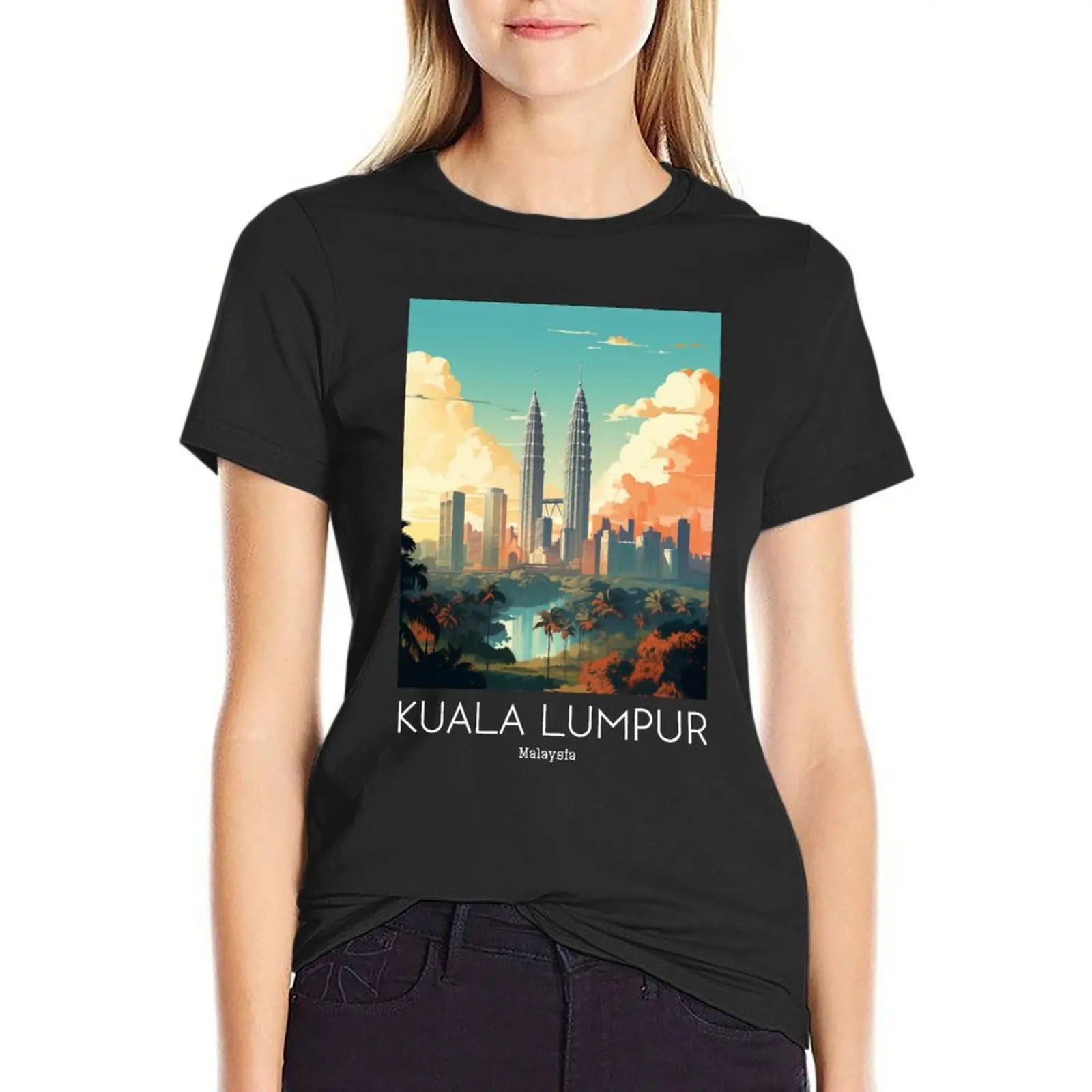 A Vintage Travel Illustration of Kuala Lumpur - Malaysia T-Shirt Female clothing blanks plain t shirts for Women