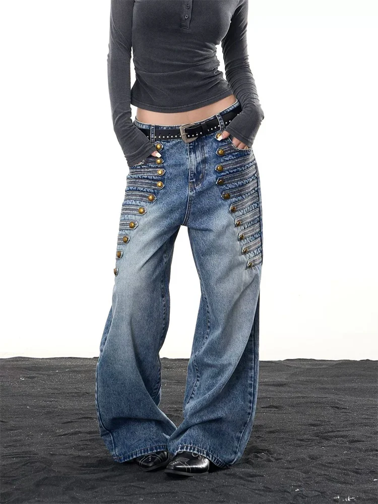 High Waist Wide Leg Denim Jeans Women's Autumn New Style American Retro Court Multi-Buckle Large Size Comfortable Casual Pants