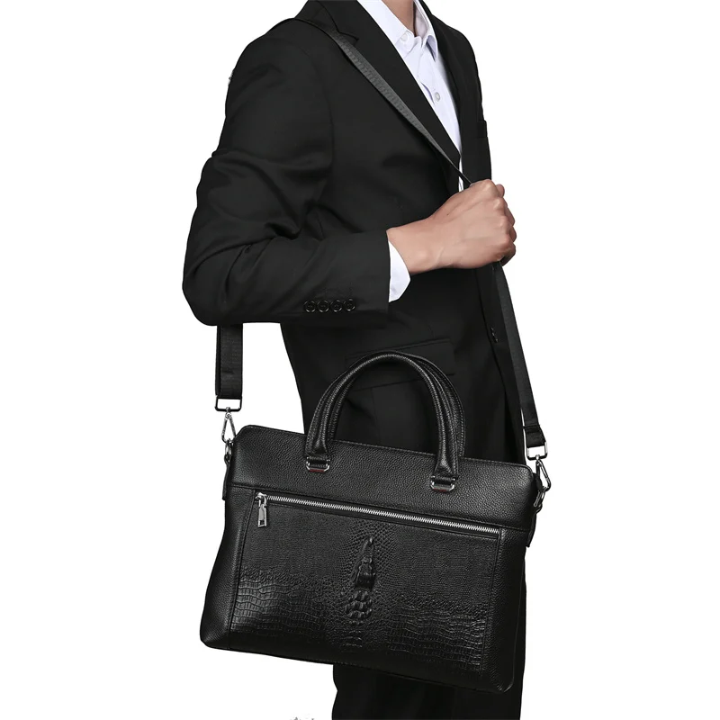 Breifcase portatile Breifcase da lavoro in vera pelle Borsa per laptop classica in pelle di mucca alligatore per uomo Borsa a spalla o a tracolla grande