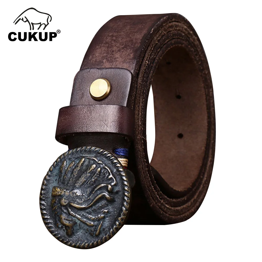 

CUKUP Washed Vintage Distressed Brushed Plate Copper Buckle Belt Men's Cowskin Leather Smooth Buckle Trendy Cowhide Pant NCK1158