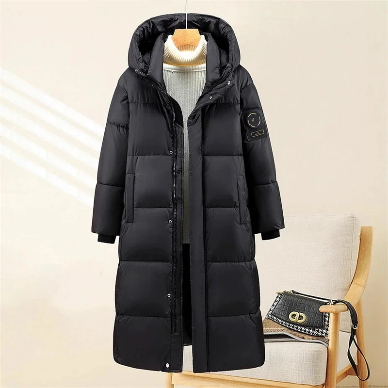 

2025 Fashion Black Long Parkas Women's Winter Cotton-padded Jacket Hooded Coat Thicken Warm Slim Outerwear Streetwear Overcoat