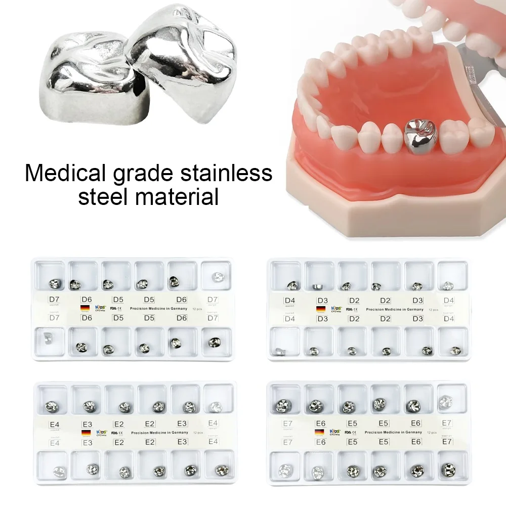 

12 шт./кор., детские стоматологические короны, детские основные молярные зубы, 1st 2nd, детские временные коронки из нержавеющей стали, стоматологические материалы