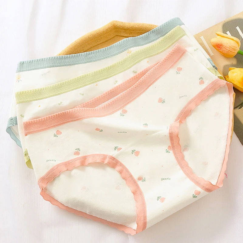 3 قطعة سراويل فتاة القطن الخالص طالب زهرة طباعة الملابس الداخلية تنفس Underpant حجم كبير سراويل الإناث لينة منتصف الخصر ملخصات