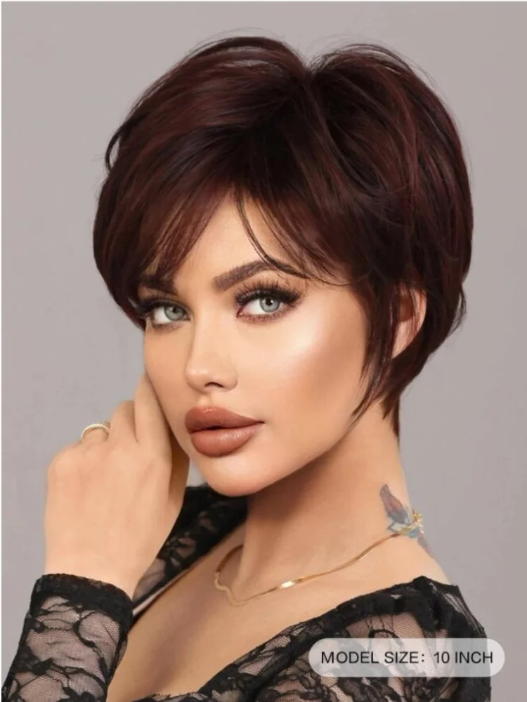 Short Elf cut wig suitable for black and white women's daily summer wig Short Deep Red Synthetic Wig with Bangs, 10 Inches