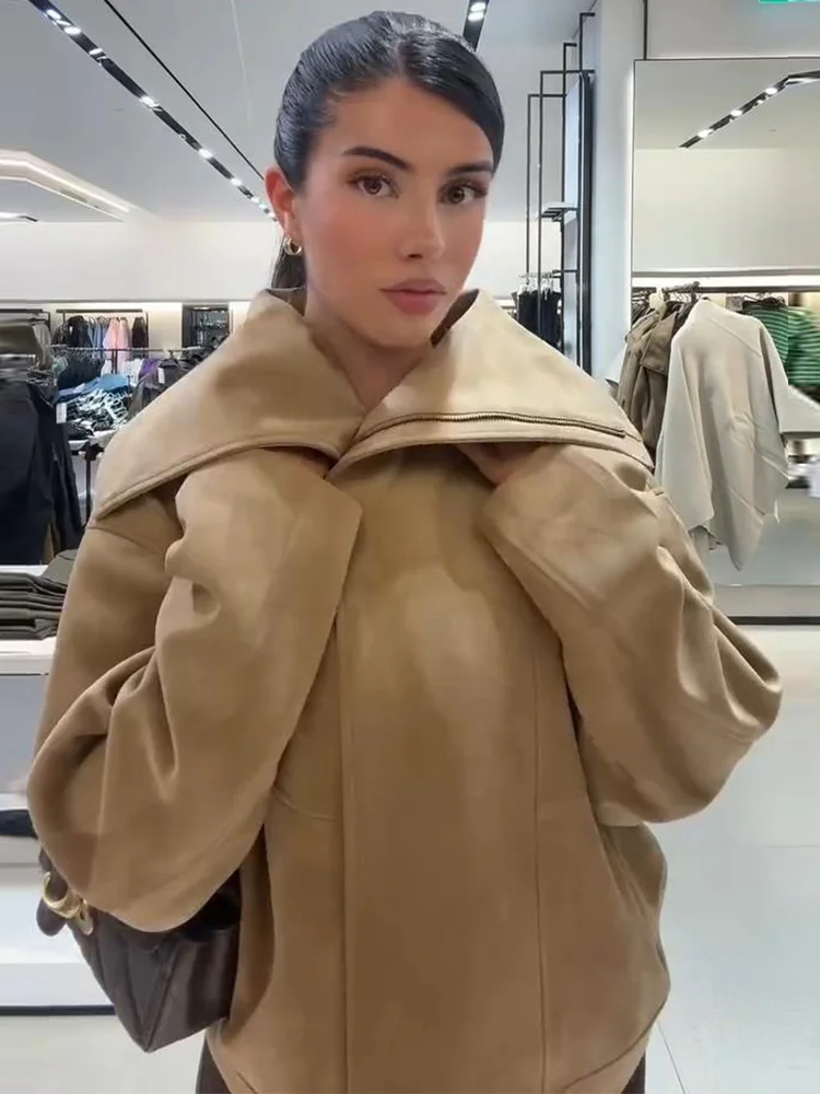Damen-Wildlederjacken mit Revers, seitlicher Knopfleiste, langen Ärmeln und Reißverschluss, Herbstjacken für Damen, einfarbige, lockere Jacke, modische neue Oberbekleidung. – Detail 13