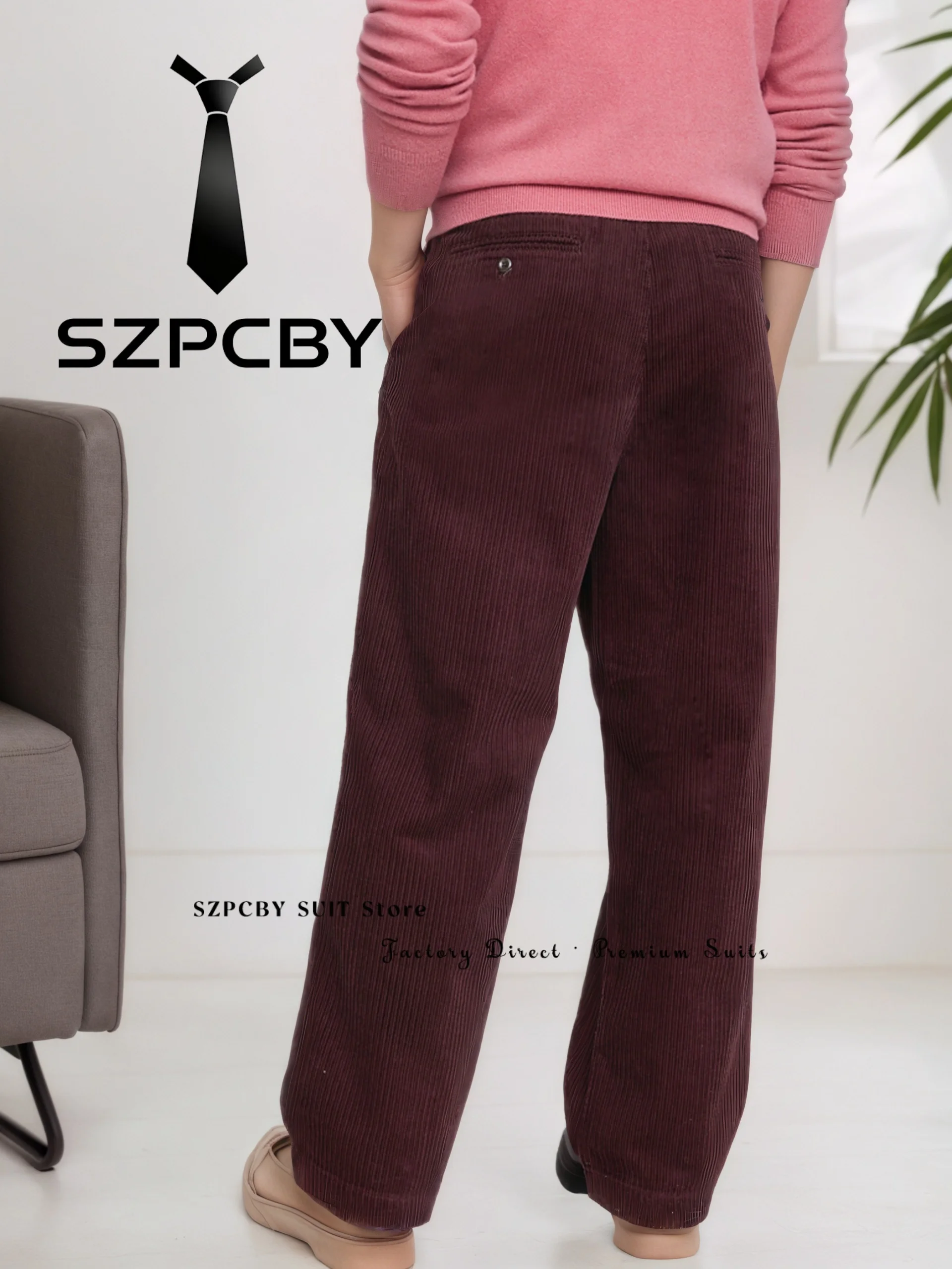 Corduroy Men's Pants Thick Warm High Waisted Straight Leg Pants for Men Customized Autumn Winter Retro Casual Long Trousers