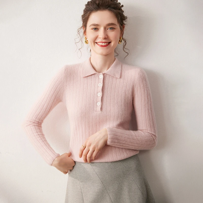 

Autumn/Winter Women's 100% Cashmere Sweater Casual Solid Knitted Hoodie Bottom Sweater Slimming POLO Collar Tops Basic Jumper