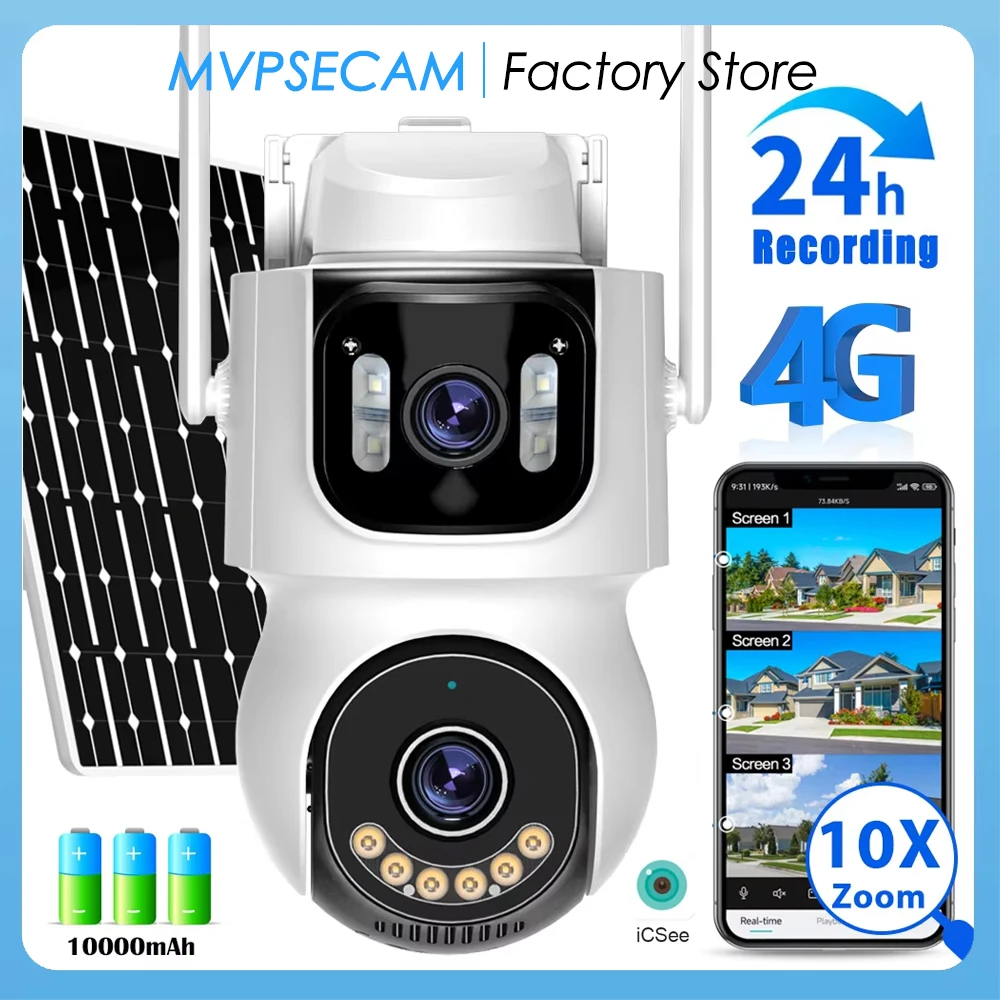 

ICsee Outdoor AOV 24/7 Recording 10MP Dual Lens 10X Zoom Solar Camera Built-in Battery PTZ Camera WiFi/4G Security Solar Camera