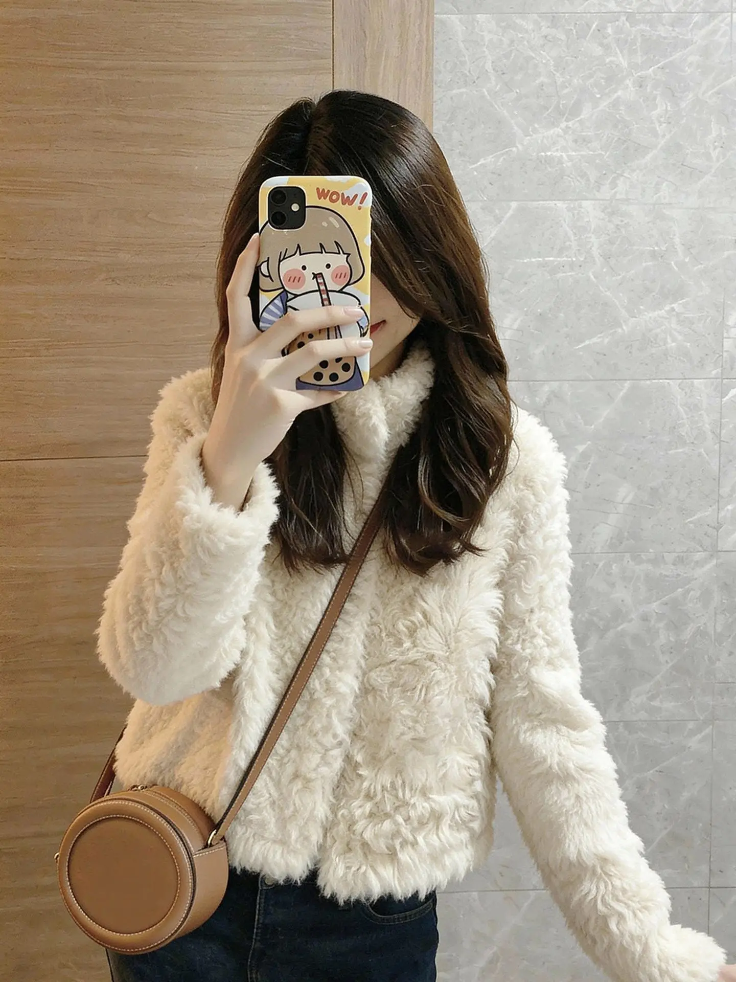 

Korean Sle Long Sve Women's Furry Light Beige Top Versatile Agel Winter Faion Ele Commute Straight Cut Wool Blend