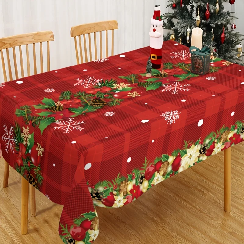 1pc Merry Christmas Tablecloth, Festive Poinsettia, Holly Berries Design Table Cover Christmas Home Table Decoration