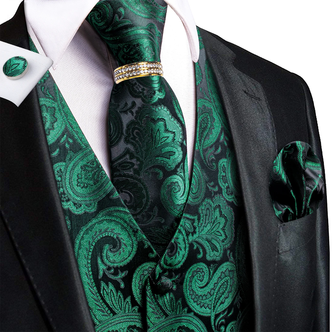Chaleco Negro Verde Oscuro con Diseño Paisley y Cuello en V, Set 5 en 1 con Corbata, Lazo, Gemelos y Anillo para Gala de Noche Vintage