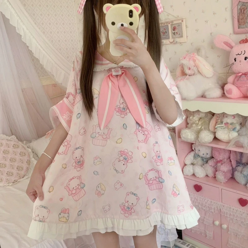 

Japanese Sweet Lolita Style Mini Dress Women Kawaii Cartoon Print Bow Sailor Collar Dresses Korean Fashion Cute Princess Dresses