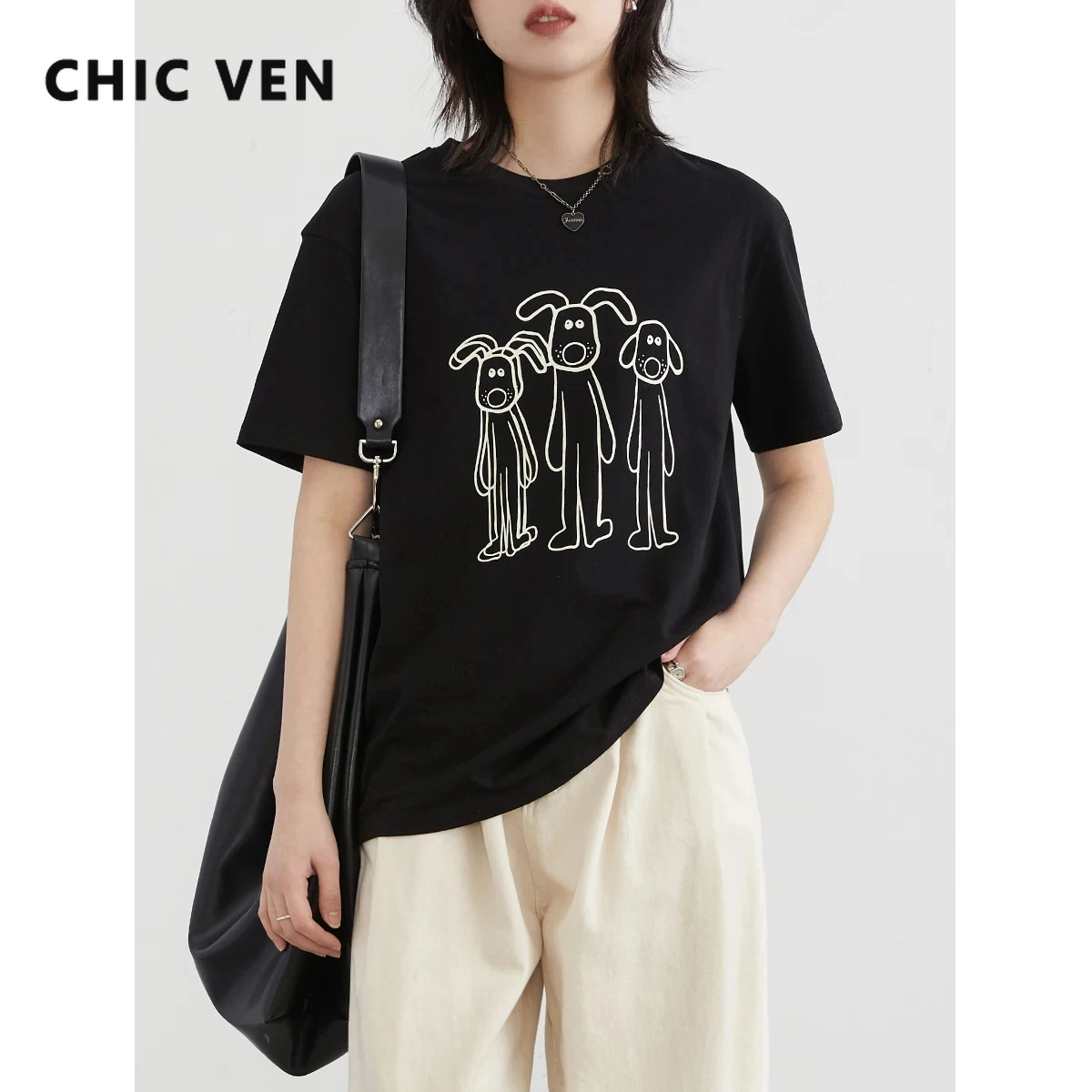 

CHIC VEN Women T-Shirts Short Sleeved New Contrasting Color Female Print Tees O Neck Woman Top Spring Summer 2024