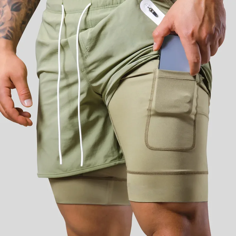 QICHE Quick Dry Sweat Resistant Double Layer Shorts Men Fake Two Piece Basketball Training Summer Casual Pants