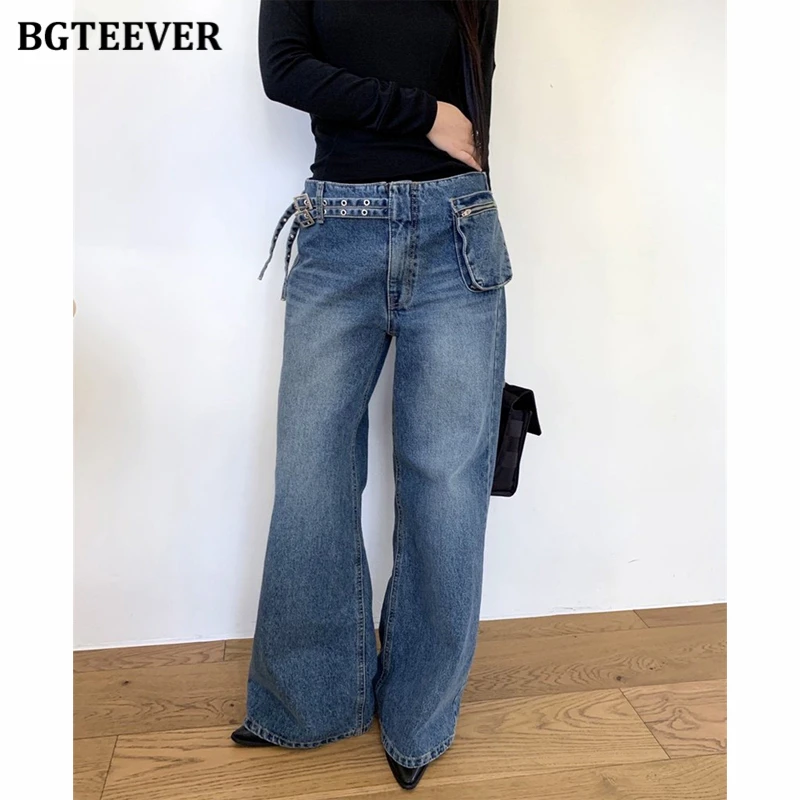 BGTEEVER Korean-style Side Bag Denim Jeans for Women High Waist Loose Wide Leg Denim Trousers Female