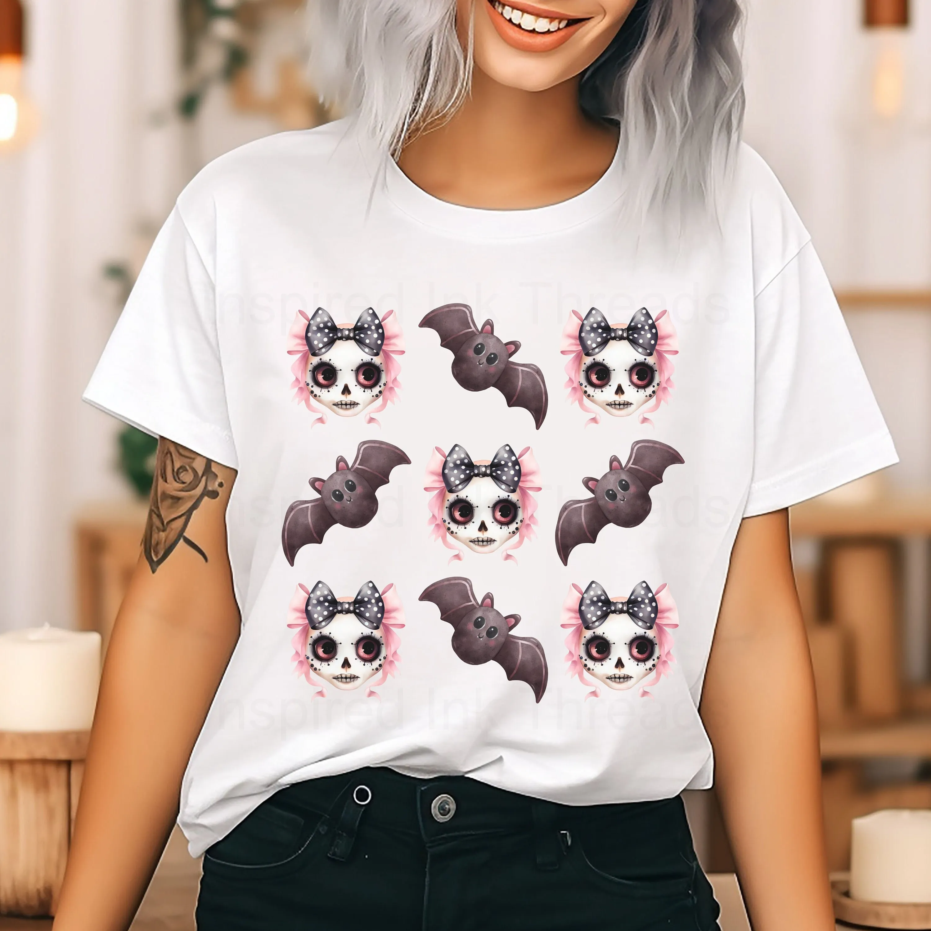 Skull And Bat Coquette T Shirt Halloween Bow Trendy Aesthetic Girly Cute Fall Apparel For Women