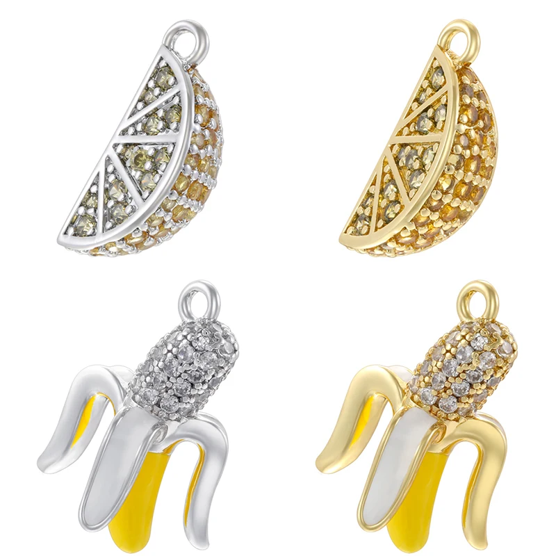Banana/Avocado/Citrus Enamel Zirconia Charm Gold-Plated Brass Pendants for DIY Handmade Jewelry Making Materials:VD2405 VD2408