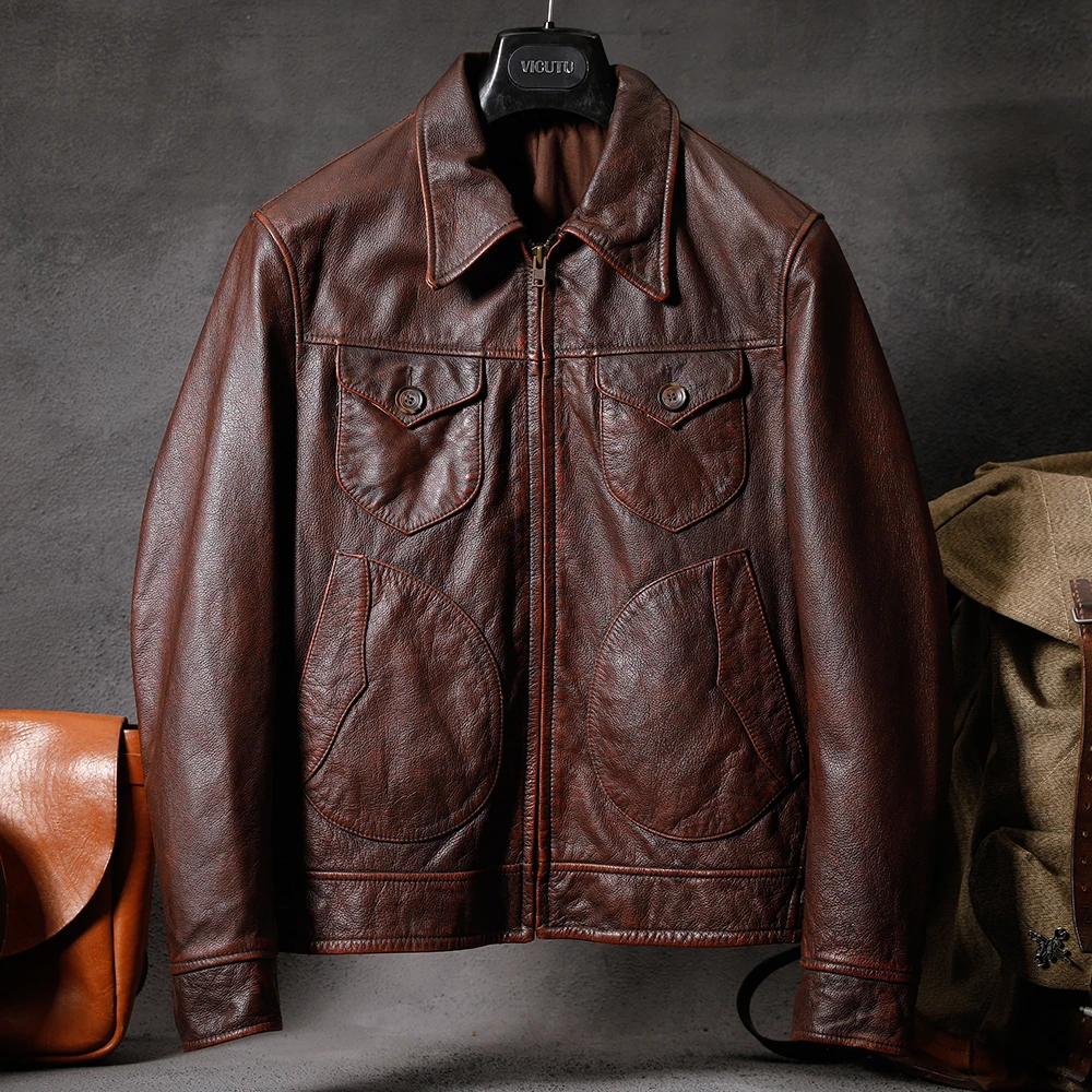 

Vintage Brown Men Leather Jacket Natural Calf Skin Coat Male Genuine Cowhide Clothing Spring Autumn Asian Size Dropshipping