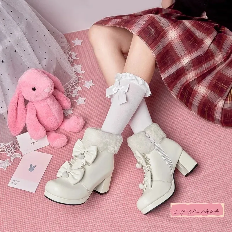 

Autumn Winter Lolita New Round Head Fluffy Shoes Sweet Cute Bow Warm Thickened Womens Short Boots Fashionable and Modern Boots