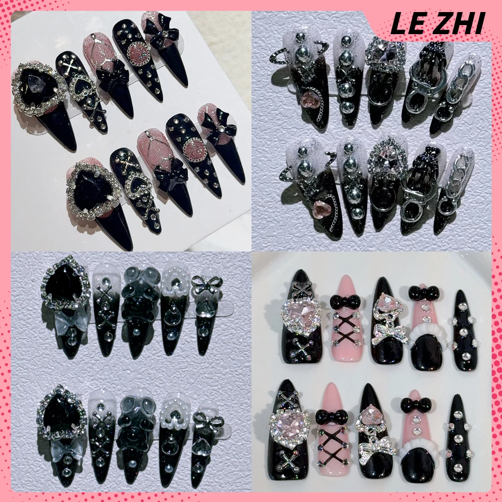 

10Pcs Y2K Hot Girl Handmade Long Stiletto Press On Nails Gothic Diamond Heavy Metal Chain Pearl Bowknot Wearable Full Cover Nail