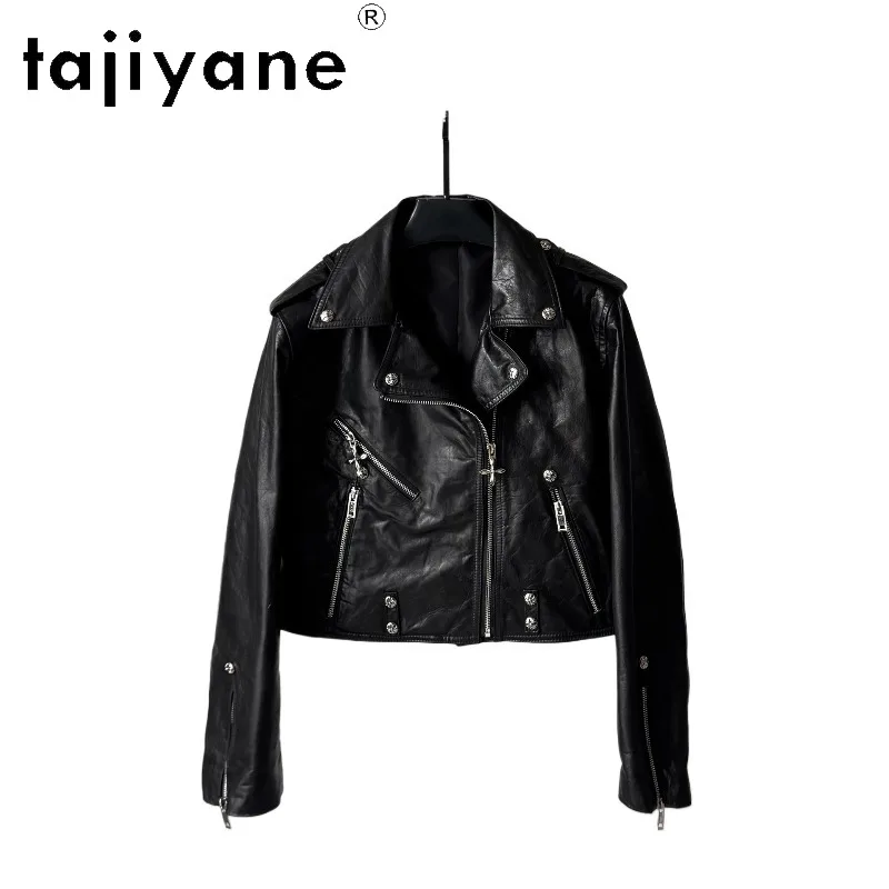 TAJIYANE Top Layer Cowhide Genuine Leather Jacket Woman Oil Waxed Leather Coats Short Motorcycle Jackets for Woman Chic Jaqueta