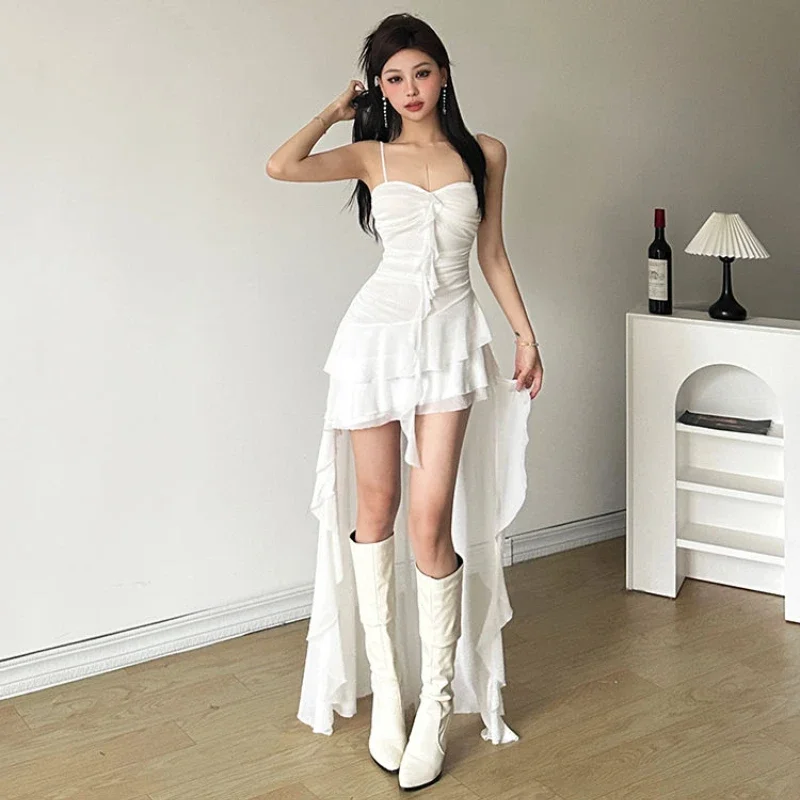 Sexy Ruffle Mesh Dresses Women Sleeveless Black Prom Dress White Aesthetics Clothing Sweet  Asymmetrical Summer Dress