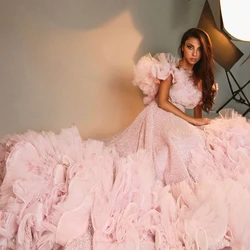 Off Shoulder Ruffled Light Pink Layered Tulle Ball Gown Sparkly Luxury Woman Clothes Ever Pretty Evening Dresses Custom Made