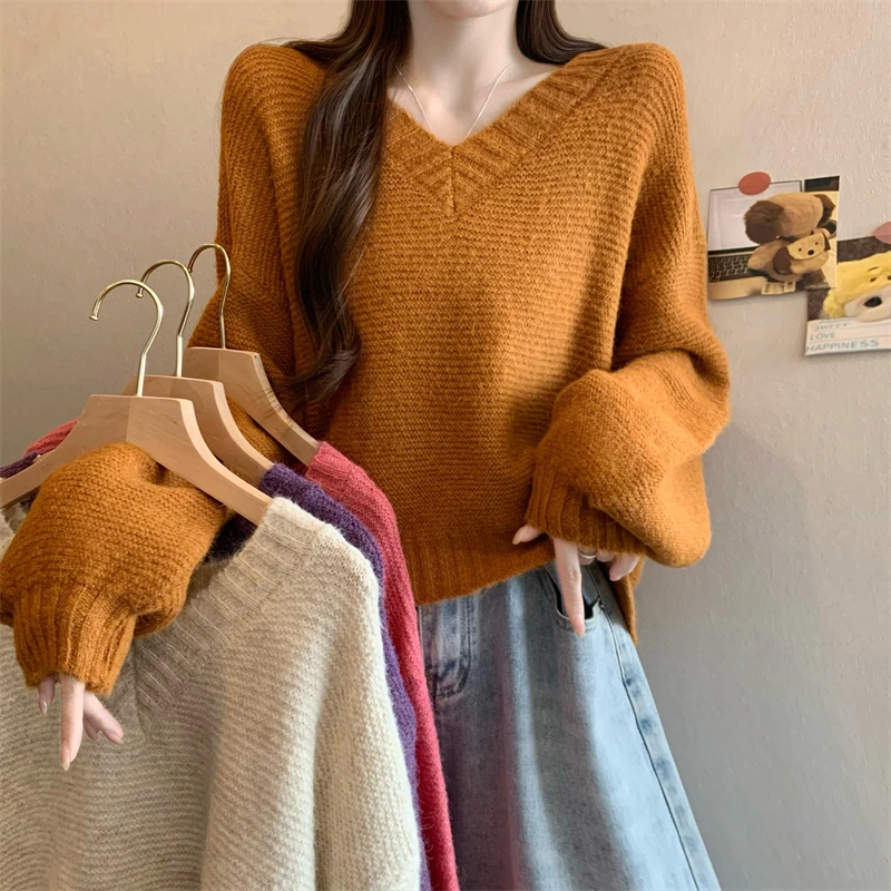 

Корейский вязаный свитер Sle V-Ne ort Lazy Faion, тепло, осень-зима, Новое поступление, женский топ, удобный длинный све