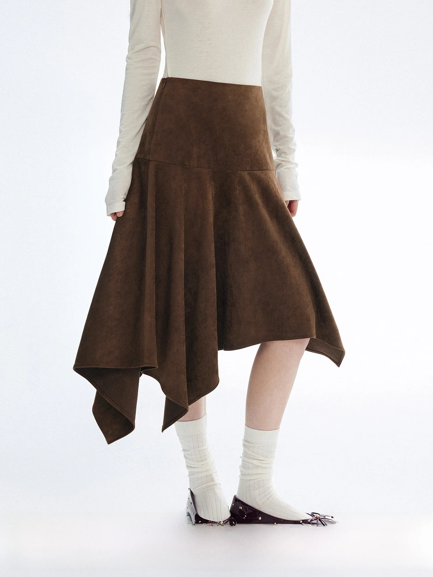 

Fashionable Vintage Distressed Faux Suede Asymmetrical Midi Skirt in Brown Bymolycho Casual Style Mid-waist Polyester Fiber