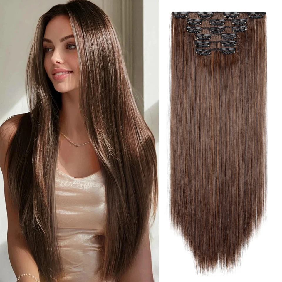 Black Brown Gold Hair Extension Clips Long Straight Thick Synthetic Hairpiece For Women