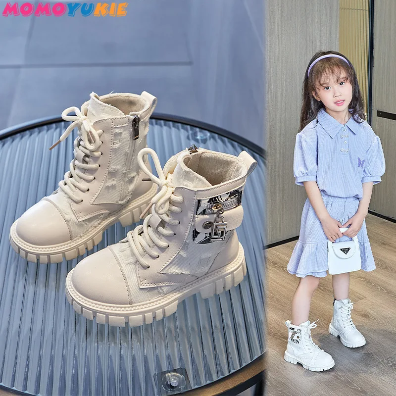 2023 Spring Autumn Korean Edition Children Fashion PU Tide Boots Girls Korean Style Versatile Pocket Retro Side Zip Ankle Boots