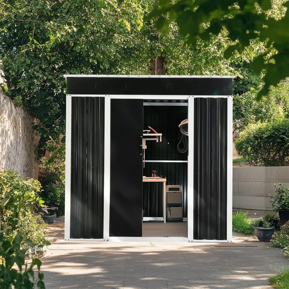 سقيفة تخزين معدنية خارجية مقاومة للعوامل الجوية مقاس 6 × 4 أقدام مع باب قابل للقفل وسقف مائل للفناء والأدوات