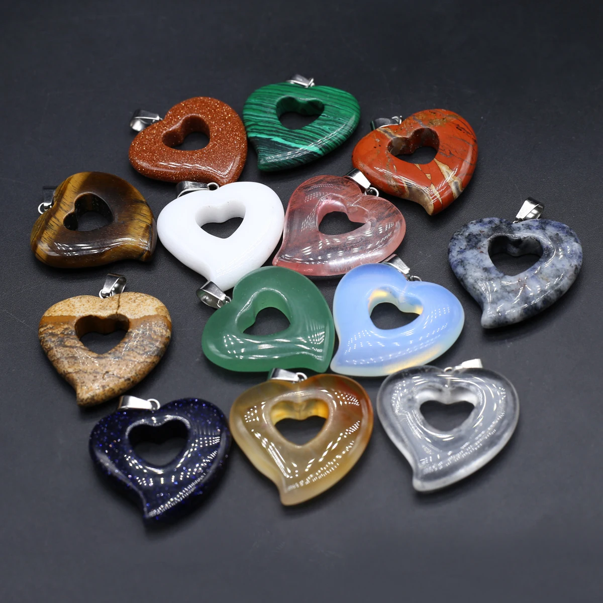 10PCS Wholesale Natural Semiprecious Stone Heart Hollow out Pendant Sweet Jewelry Accessories DIY Necklace Earrings Gift