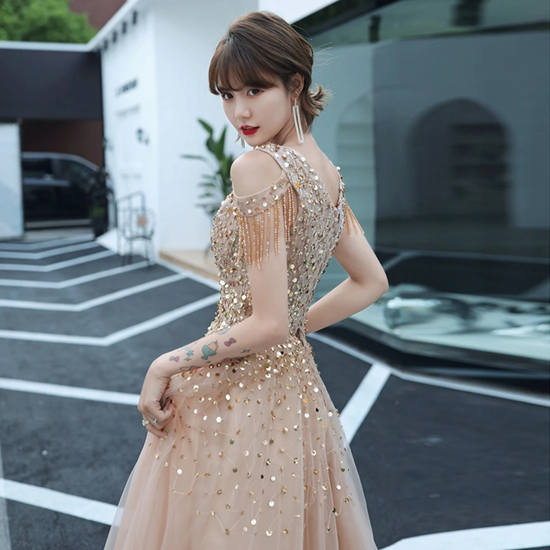 Elegant Beaded Floor-Length Prom Dress A-line O-Neck Sexy Prom Dresses Customized