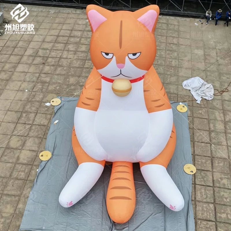 Inflatable Sitting Cat Model Funny Grumpy Orange Tabby Character with Bell for Outdoor Event and Brand Promotion Decoration