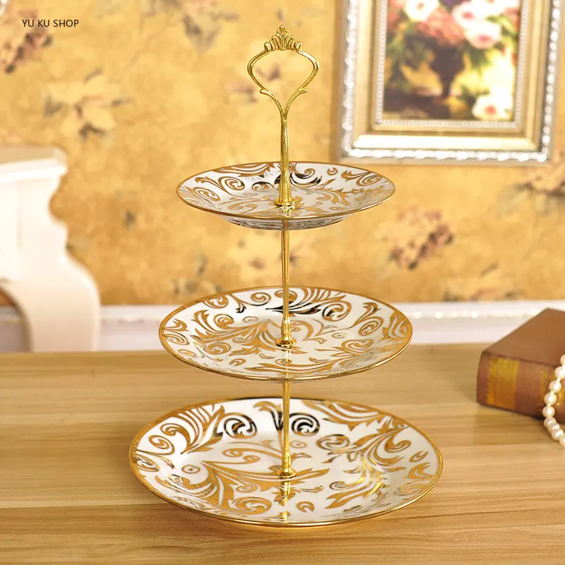 European Three Layer Fruit Plate Ceramic Cake Stand Multi Layer Snack Plate High Temperature Electroplating Household Tableware