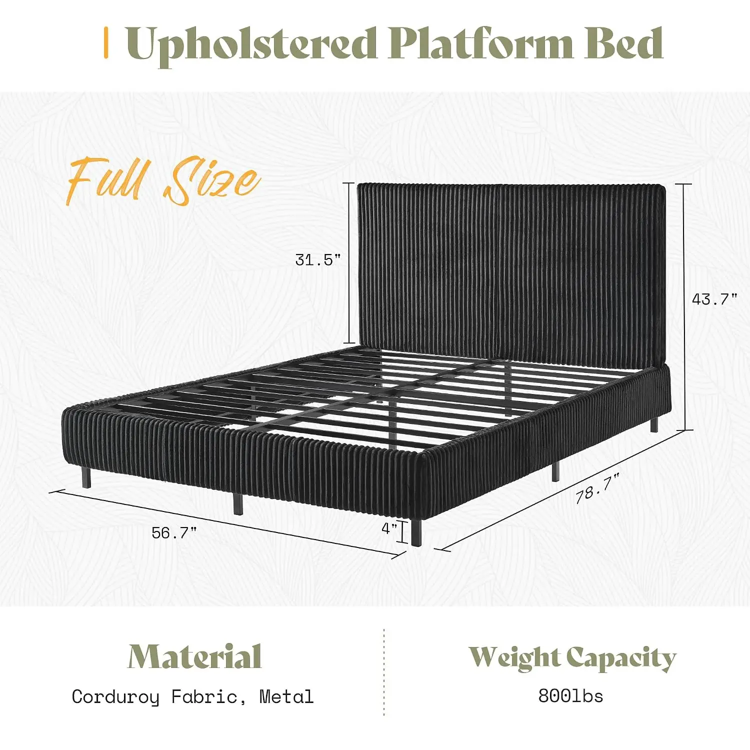 Full Upholstered Metal Platform Bed Frame Black, Customized