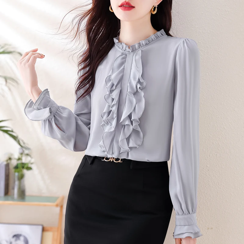 Qoerlin gekräuselte Tops Hemden Graue Frauen lose lässige Bluse elegante Flare Ärmel Hemden koreanische Mode feste ol Hemden weiblich