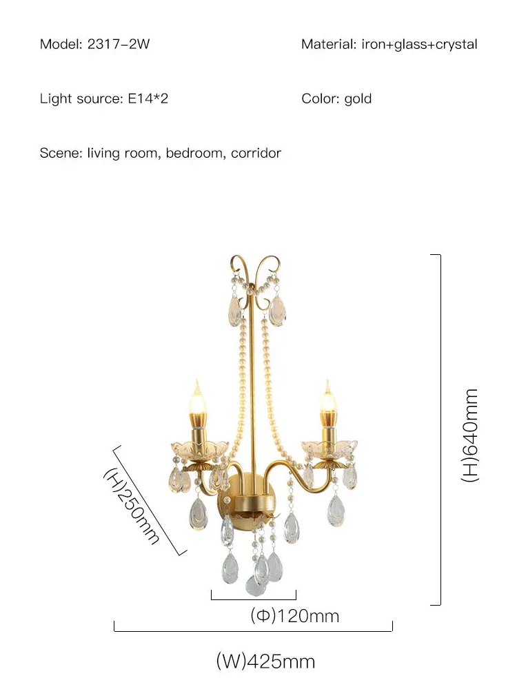 Nordic ห้องนั่งเล่นโคมไฟติดผนัง Luxury Gold Wall Sconce อลูมิเนียมฉากหลังทีวีผนังคู่ไฟคริสตัลยุโรปตกแต่ง LED