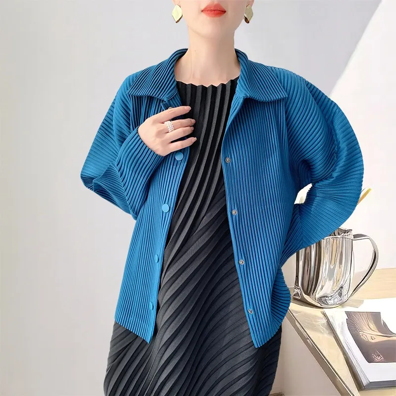 

Miyake Women's Pleated Jacket Women's Long-sleeved Fall New Loose Tops Casual Cardigan Simple Commuter Korean Jacket Outerwears