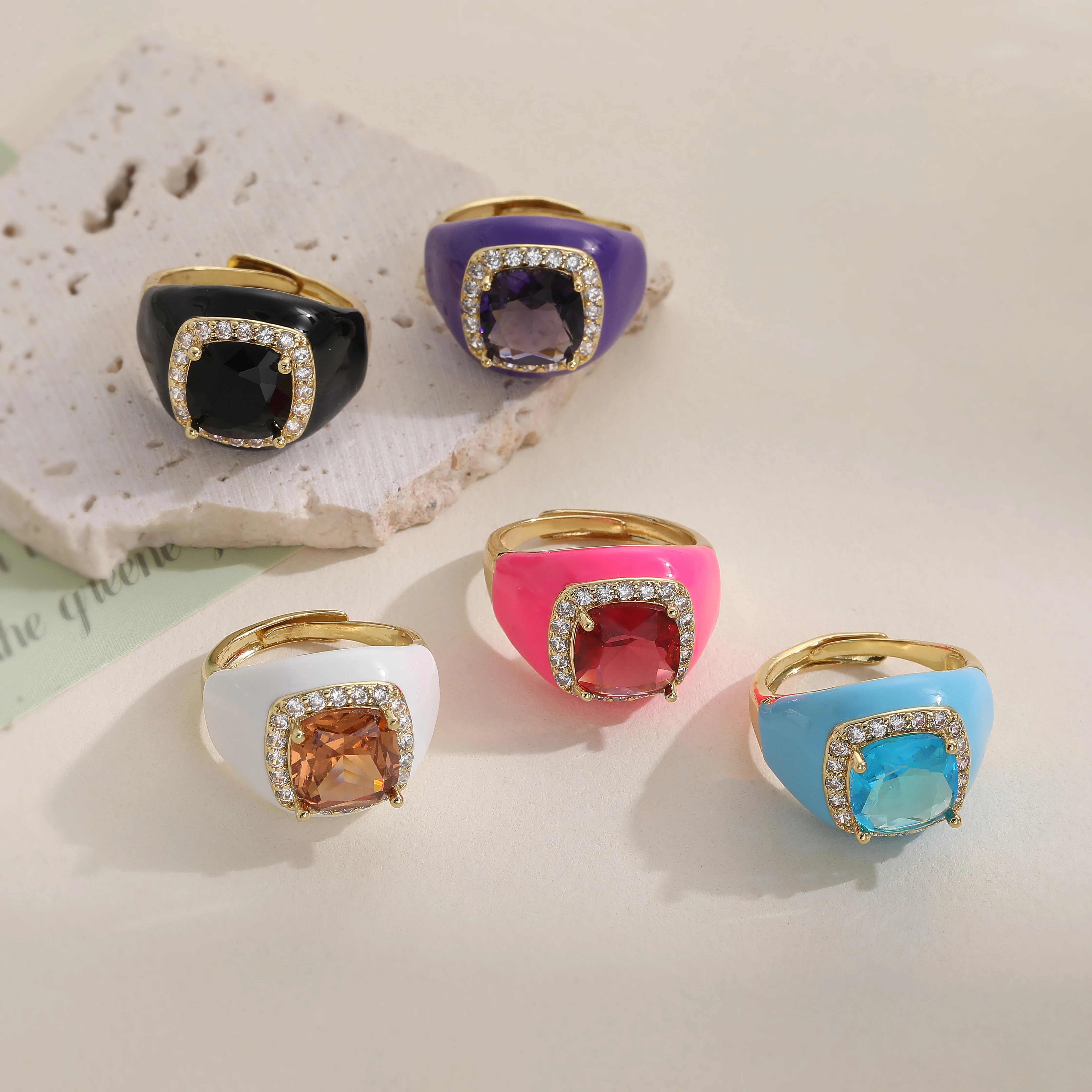 18K Gold-Plated Brass Enamel Princess-Cut Large Zirconia Ring for Women Luxury Color Gemstone Micro-Set Adjustable Ring