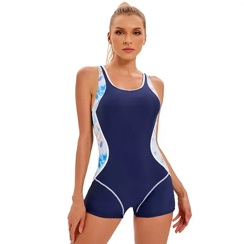 Women's Open Back Colored Flat Angle Swimsuit 2024 New European and American Sports One-Piece Swimsuit