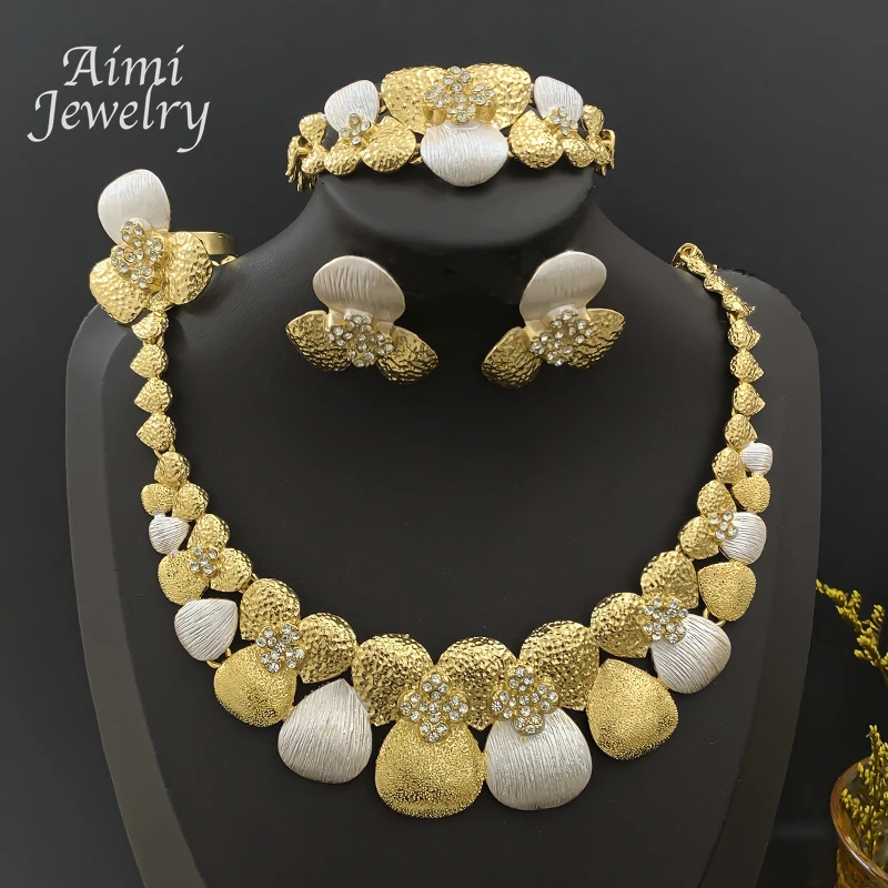 Italienische Schmucksets, elegantes Dubai-Schmuckset mit 18 Karat vergoldetem Schmuck, Damen-Halskette, Ohrringe, Armband, Ring, Braut-, Hochzeits- und Partygeschenke