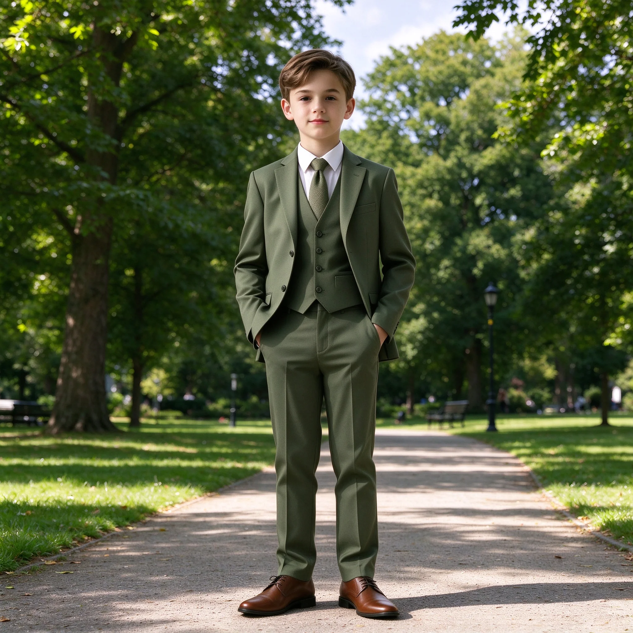 Green Smart Child Suits Set Wear Spring Notched Lapel Jacket Vest Pants 3 Pieces School Activities Boys Suits Performance Tuxedo