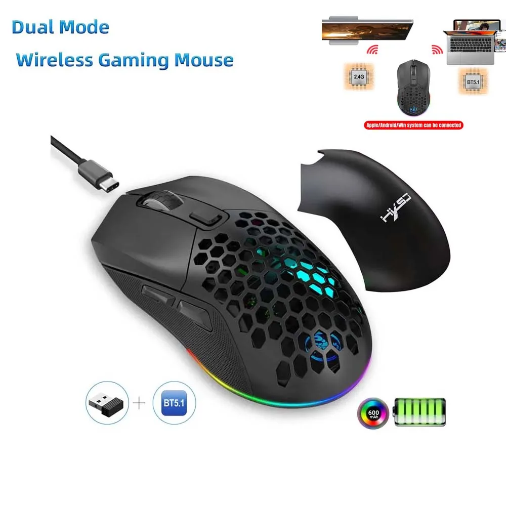 

With Bluetooth Wireless Mouse Dual Mode 2.4G+BT5.1 Mouse Cooling Hollow Shell 4800dpi RGB Colorful Backlight Gaming Mouse